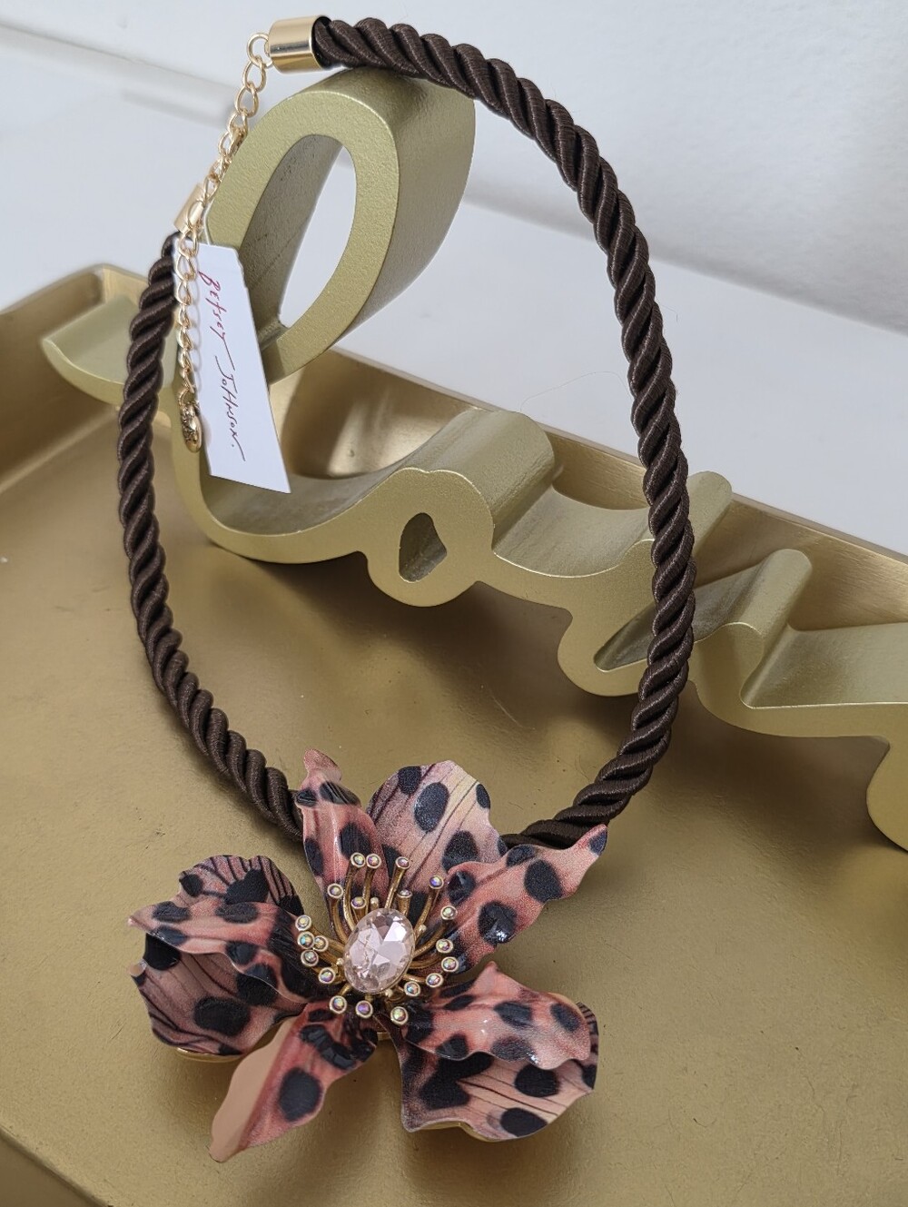 Betsey Johnson Pink Leopard Flower on Brown Rope